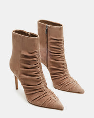 TEASE Taupe Suede Ruched Pointed Toe Ankle Boot | Women's Booties