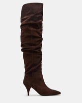 LINGER Brown Suede Pointed-Toe Over-The-Knee Heeled Women's Boot