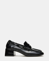 ESTEE Black Crinkle Patent Square-Toe Heeled Women's Loafer