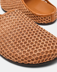 FERN Tan Raffia Mesh Mule Slip-On Round-Toe Women's Flat