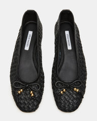 DIVY Black Leather Woven Bow Ballet Round-Toe Women's Flat