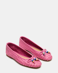 DIVY Pink Leather Woven Bow Ballet Round-Toe Women's Flat
