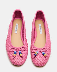 DIVY Pink Leather Woven Bow Ballet Round-Toe Women's Flat
