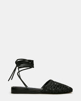 FLUTTER Black Leather Woven Mule Leg-Ties Strappy Women's Flat