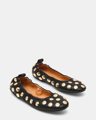 LANTA Black Leather Studded Gold-Detail Round-Toe Women's Flat