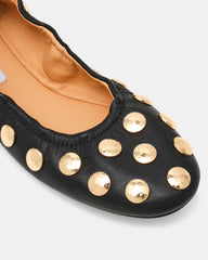 LANTA Black Leather Studded Gold-Detail Round-Toe Women's Flat