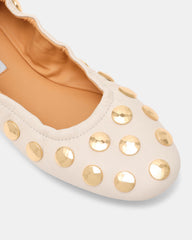 LANTA White Leather Studded Gold-Detail Round-Toe Women's Flat