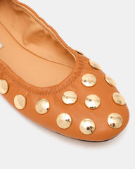 LANTA Tan Leather Studded Gold-Detail Round-Toe Women's Flat