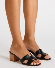 HANA Black Leather Square-Toe Mule Block Heel Women's Sandal