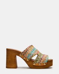 SUNKISSED Multi Raffia Platform Block Heel Studded Women's Sandal