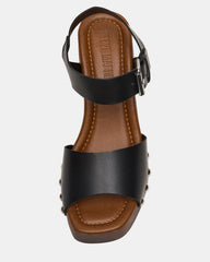JEMMA Black Leather Square-Toe Wood Bottom Block Heel Women's Sandal