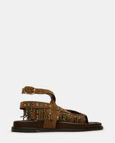 WENDELL Chestnut Suede Beaded Flatform Footbed Strappy Fringe Women's Sandal