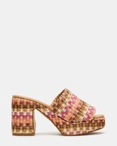 KOLA Pink Raffia Platform Square-Toe Block Heel Mule Women's Sandal
