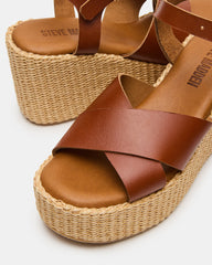 JETSET Cognac Leather Raffia Platform Wedge Women's Sandal