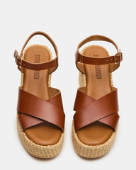 JETSET Cognac Leather Raffia Platform Wedge Women's Sandal