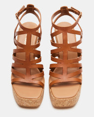 COZETTE Tan Leather Women's Platform Square-Toe Wedge Sandal