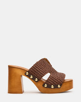 SUNKISSED Brown Raffia Platform Block Heel Studded Women's Sandal