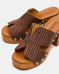 SUNKISSED Brown Raffia Platform Block Heel Studded Women's Sandal
