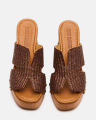 SUNKISSED Brown Raffia Platform Block Heel Studded Women's Sandal