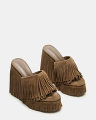 WYNN Chestnut Suede Platform Fringe Wedge Mule Women's Sandal