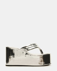 ESCAPISM Silver Crocodile Women's Platform Thong Wedge Sandal