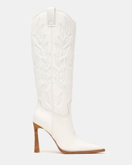 KINZEE White Leather Pointed-Toe Knee-High Western Stiletto Women's Boot