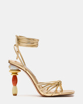 SOLENA Gold Strappy Leg-Tie Square-Toe Women's Sculptured Heel