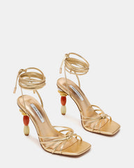 SOLENA Gold Strappy Leg-Tie Square-Toe Women's Sculptured Heel