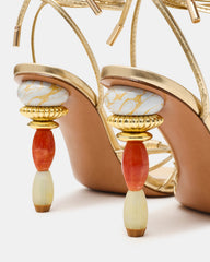 SOLENA Gold Strappy Leg-Tie Square-Toe Women's Sculptured Heel