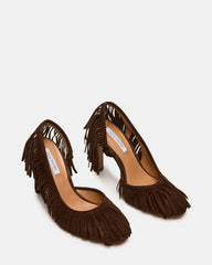 GREER Brown Suede Fringe Slingback Round-Toe Women's Heel