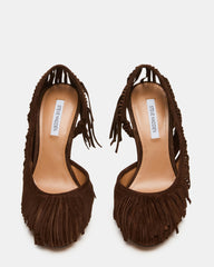 GREER Brown Suede Fringe Slingback Round-Toe Women's Heel