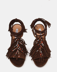 TALIA Brown Suede Fringe Beaded Stiletto Strappy Leg-Ties Women's Heel
