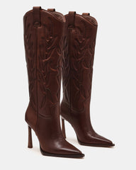 KINZEE Brown Leather Pointed-Toe Knee-High Western Stiletto Women's Boot