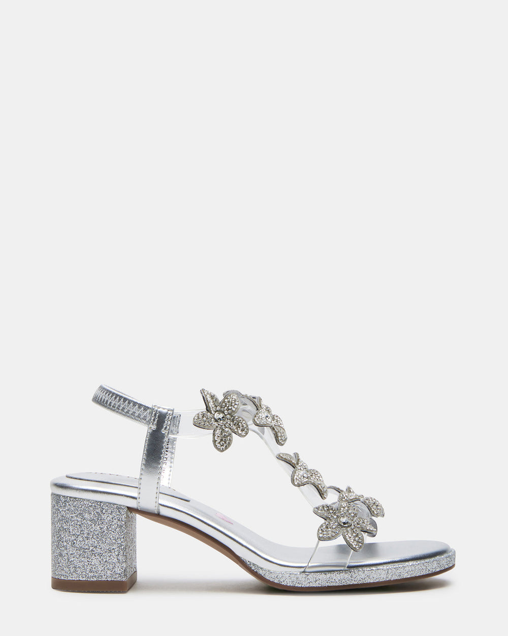 Kids' SAVVY Silver Girls' Strappy Rhinestone Block Heel
