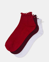 3 PACK MELODY LETTUCE EDGE BOW SOCKS RED MULTI Women's Bow Anklet Socks