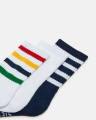 3 Pack Striped Crew Socks Women's White Multi