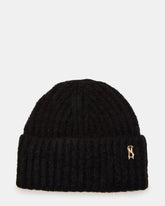 LOGO BEANIE Black Fuzzy RIbbed Knit Women's Beanie