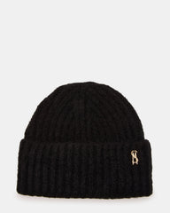 LOGO BEANIE Black Fuzzy RIbbed Knit Women's Beanie