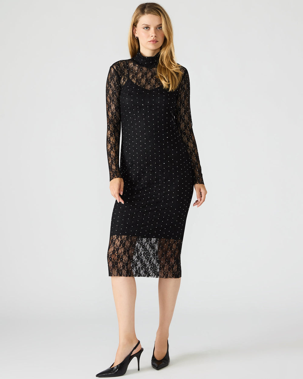 VIVIENNE Black Studded Lace Women's Mock Neck Midi Dress