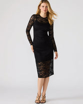 HAILEE Lace Black Long-Sleeved Mesh Pull-On Mock Neck Midi Women's Dress