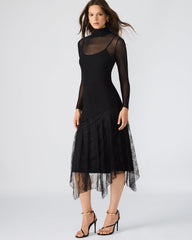 SILAS Black Long-Sleeved Mesh Lace Overylay Flowy Women's Dress
