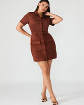 JOLIANA Dark Fig Short-Sleeved Mini Button-Up Women's Dress