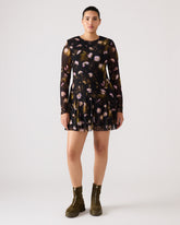 BLISS Black Ditsy Floral Long-Sleeved Floral Print Mesh Sheer Mini Women's Dress
