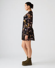 BLISS Black Ditsy Floral Long-Sleeved Floral Print Mesh Sheer Mini Women's Dress