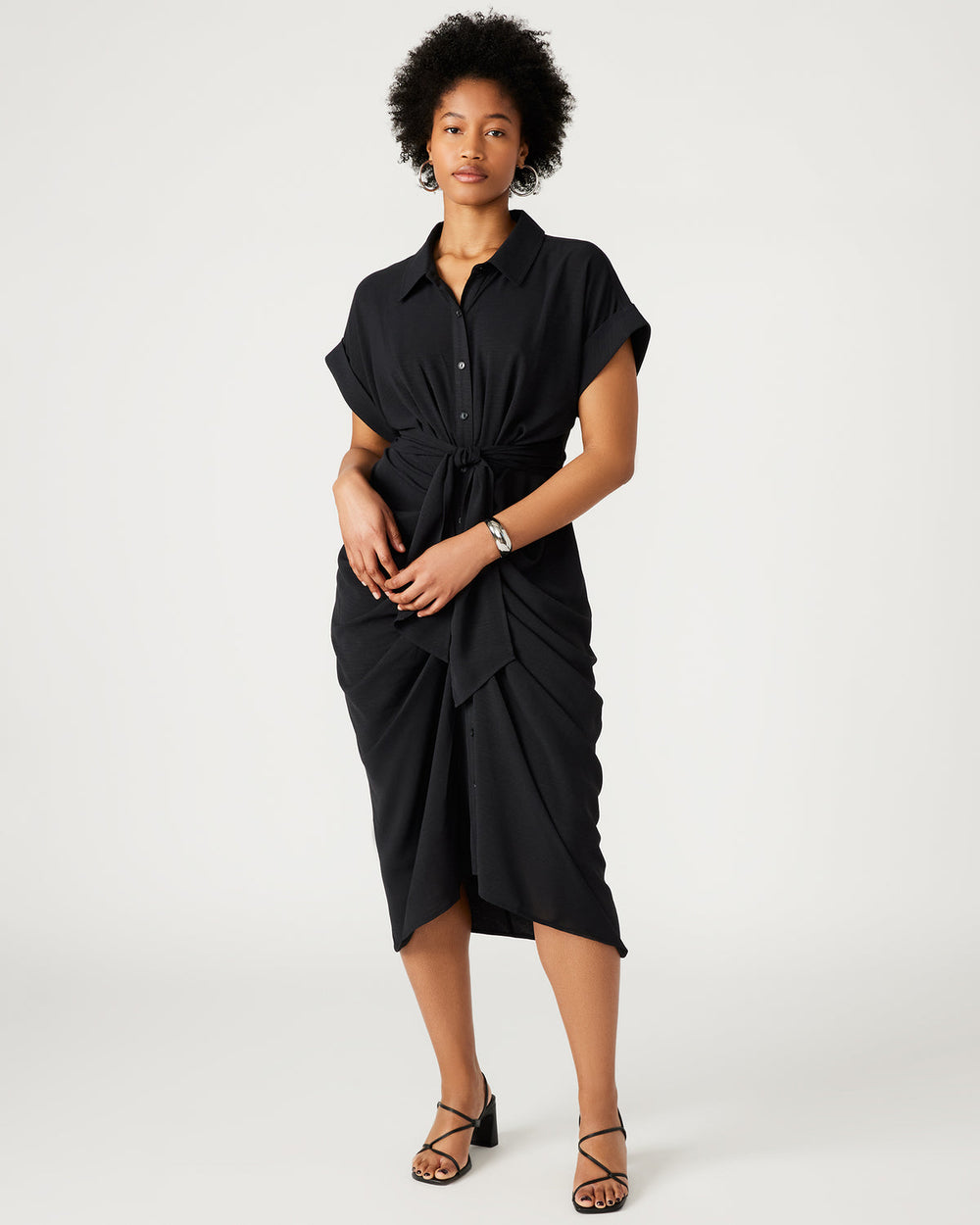 TORI Black Knit Button Up Collared Midi Dress