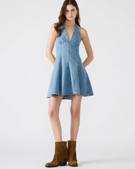 MALIA Denim Women's Halter Back Neck Tie Mini Dress