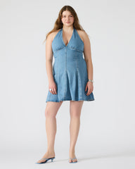 MALIA Denim Women's Halter Back Neck Tie Mini Dress