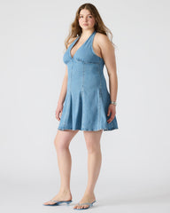 MALIA Denim Women's Halter Back Neck Tie Mini Dress