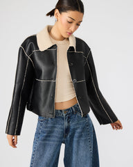 TILIA Black Long-Sleeved Faux Leather Button-Up Faux Fur Women's Coat
