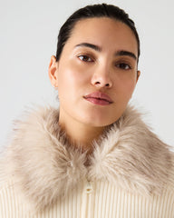 LYSIA Cream Long-Sleeved Faux Fur Hood Zip-Up Ribbed Women's Sweater Jacket